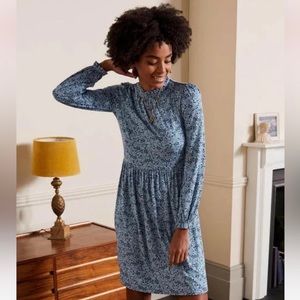 Boden Clara High Neck Women's Floral JerseyKnit Mini Dress Blue